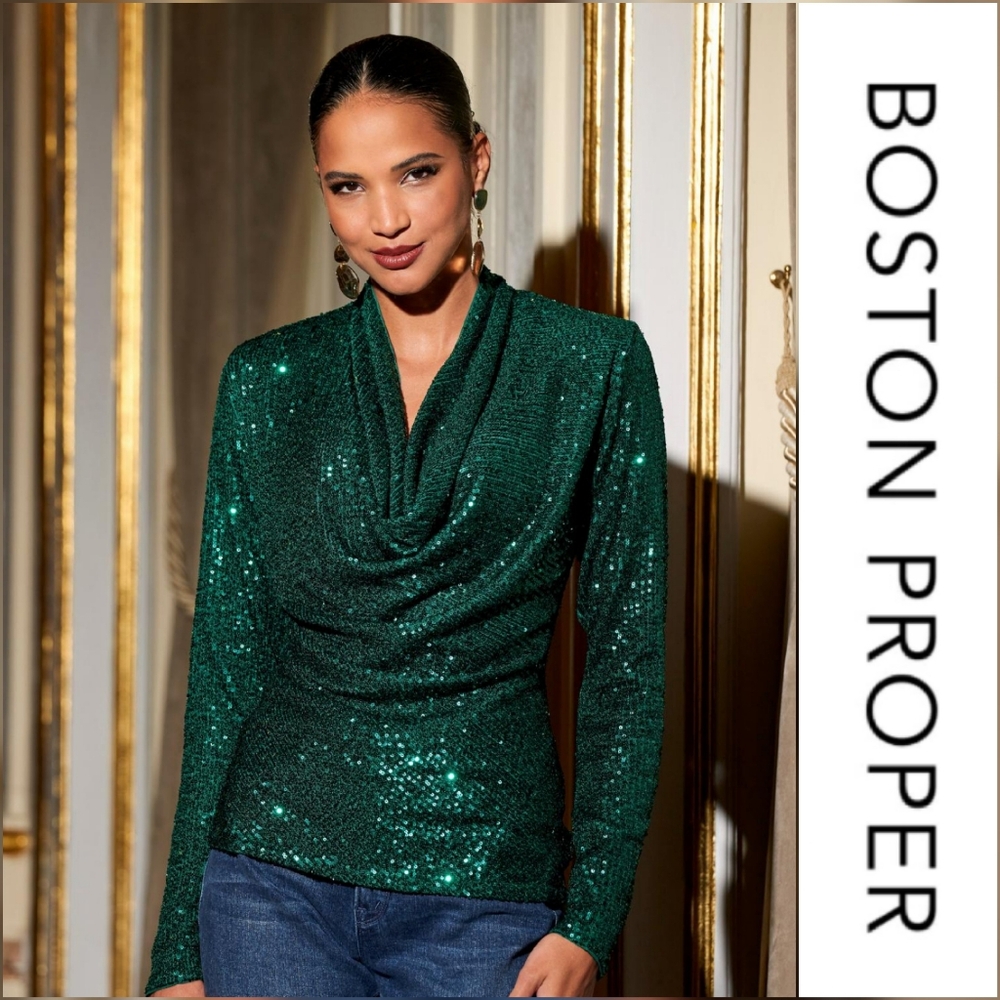 🧡🤍🍀NWT Boston Proper Emerald Sequin Cowl Neck Blouse XXS